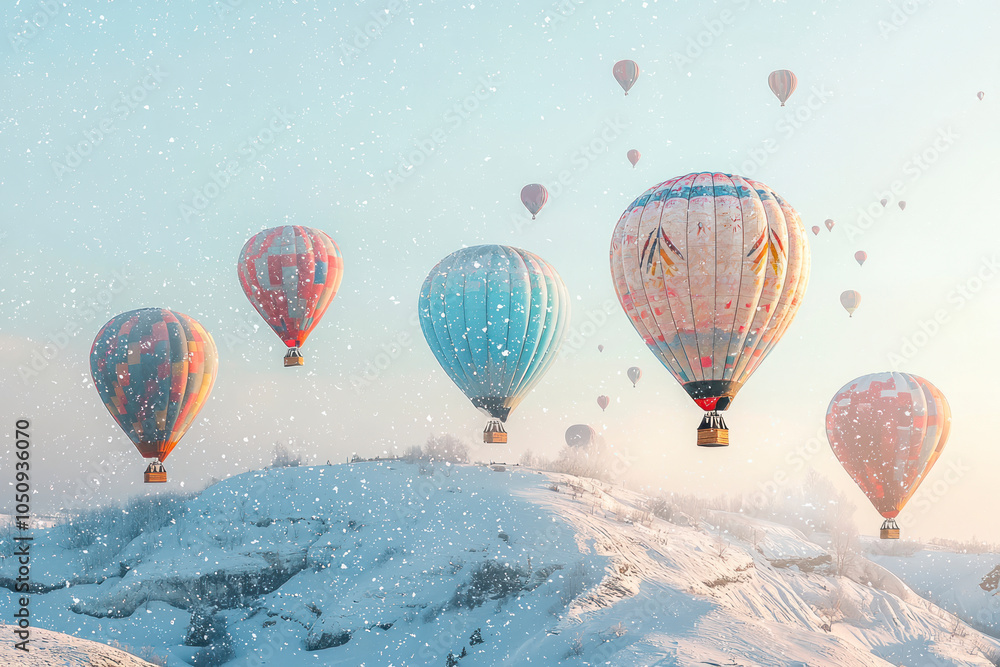 Obraz premium Colorful hot air balloons flying on snow hill in blizzard.