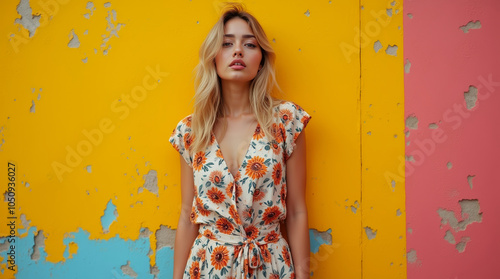 Confident woman posing against a colorful, peeling wall. Fashion meets urban decay in a bold and contrasting visual photo