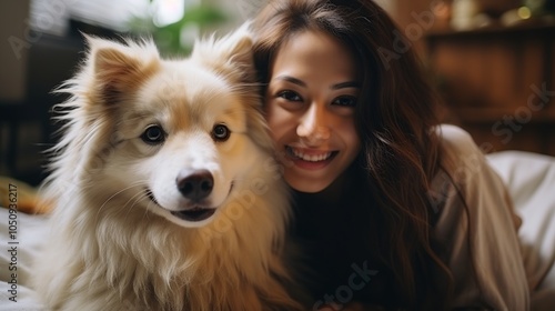 A young woman smiles at the camera while lying in bed with her dog.