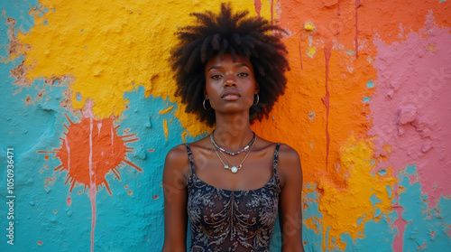 Confident woman posing against a colorful, peeling wall. Fashion meets urban decay in a bold and contrasting visual photo