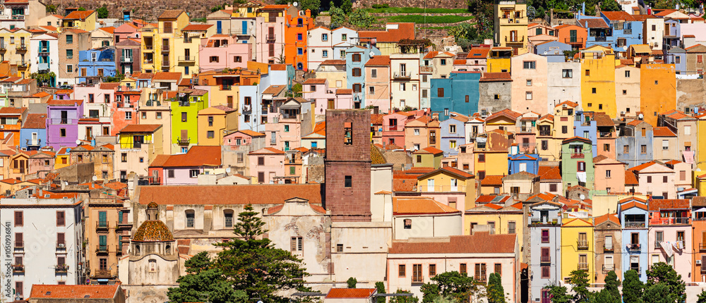 Obraz premium Colorful picturesque buildings of the historic town center of Bosa. Oristano, Sardinia, Italy