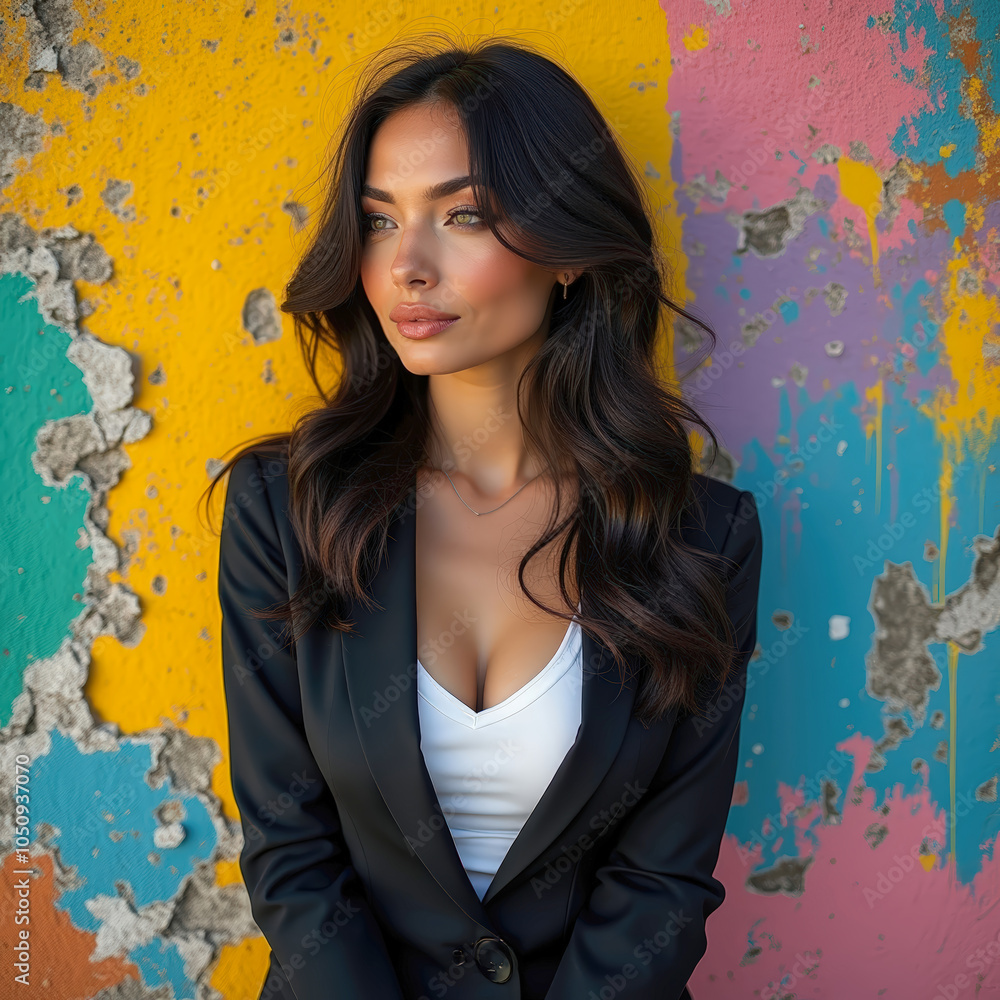 Fototapeta premium Confident woman posing against a colorful, peeling wall. Fashion meets urban decay in a bold and contrasting visual