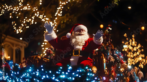 Festive Christmas Celebration with Santa Claus Surrounded by Twinkling Lights and Joyful Atmosphere