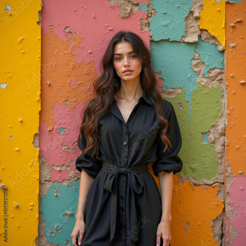 Confident woman posing against a colorful, peeling wall. Fashion meets urban decay in a bold and contrasting visual photo