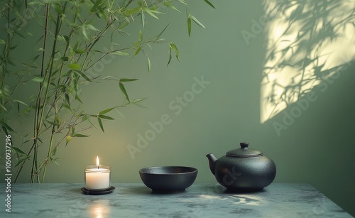 Wallpaper Mural A tranquil tea setting with a teapot, candle, and wooden bowl in a serene environment Torontodigital.ca