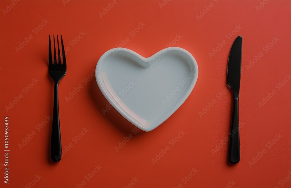 Heart shaped plate with black cutlery on a red background for a romantic dinner setting Heart shaped plate with black cutlery on a red background for a romantic dinner setting