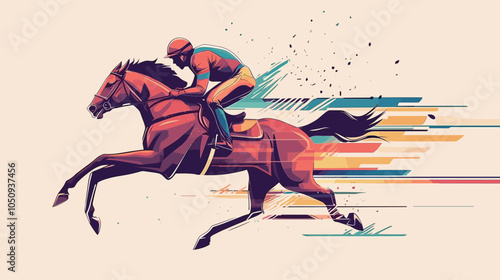 A jockey rides a galloping horse energetically, showcasing speed and excitement in a colorful vector illustration. Vibrant, dynamic horse racer colorful poster illustration.