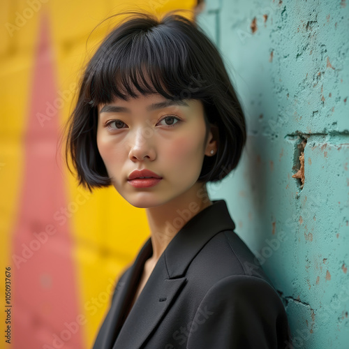 Confident woman posing against a colorful, peeling wall. Fashion meets urban decay in a bold and contrasting visual photo