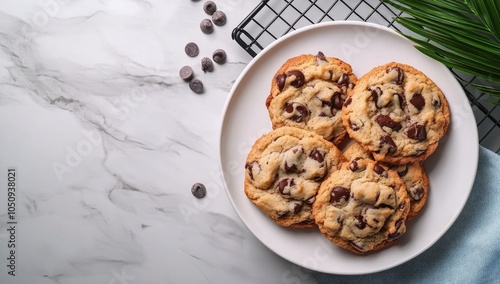 Freshly baked chocolate chip cookies on a plate with cooling rack in the background