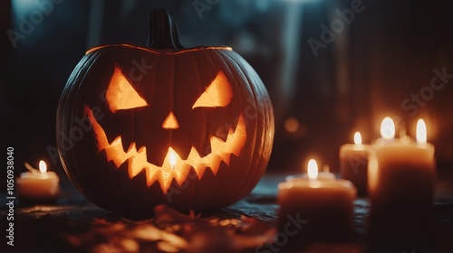 Halloween Pumpkin with Glowing Eyes and Candles