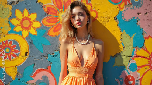 Confident woman posing against a colorful, peeling wall. Fashion meets urban decay in a bold and contrasting visual photo