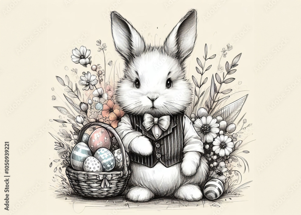 Fototapeta premium Ein niedlicher Osterhase mit Fliege und Weste, neben einem Korb mit Ostereiern, umgeben von Blumen in einer detailreichen Schwarz-Weiß-Zeichnung – perfekt für Osterdesigns. Generative KI.