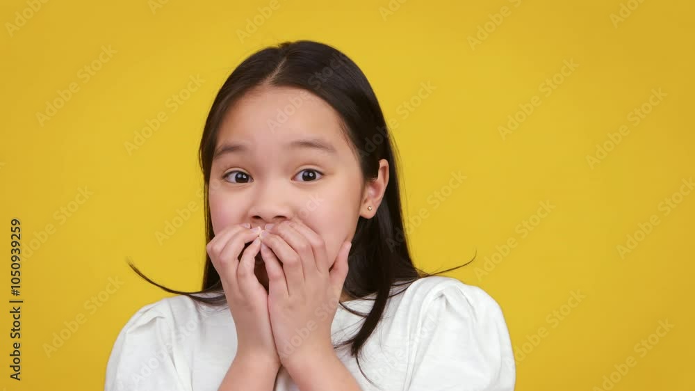 Asian young girl expresses joy with wide eyes and hands covering her mouth, set against a vibrant yellow backdrop. Asian young girl expresses joy with wide eyes and hands covering her mouth, set against a vibrant yellow backdrop.
