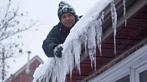 Man applying ice melt granules to roof gutters to prevent ice buildup and ensure safety during winter. scene captures importance of home maintenance in cold weather
