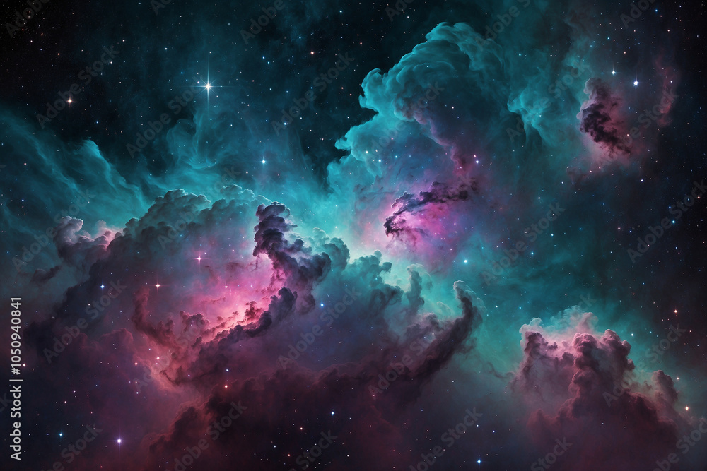 Fototapeta premium Nebula in deep space with vibrant teal, pink, and lavender clouds; stars glowing softly in the distance