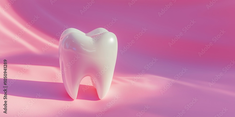 Shiny white tooth on shimmering pink background for dental health and hygiene banner with copy space Shiny white tooth on shimmering pink background for dental health and hygiene banner with copy space