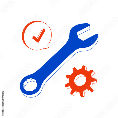 Blue wrench icon alongside red gear and check mark in speech bubble, representing tools, repair, and maintenance