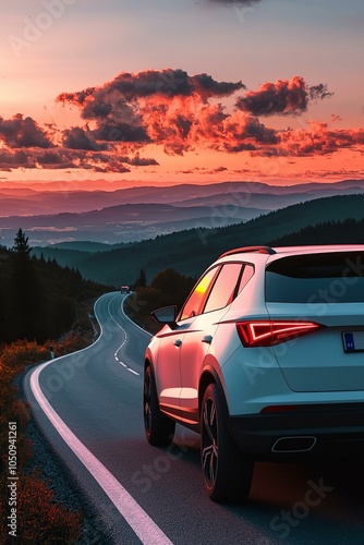 Aachen germany - august 26 2019: seat arona small suv car in european mountain landscape road at sunset.