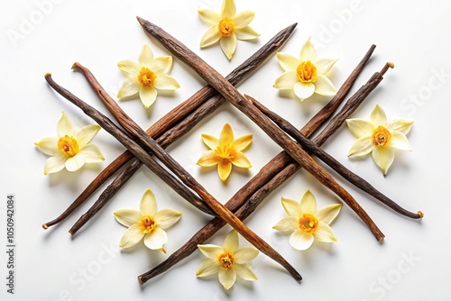 Vanilla sticks and flowers arranged in diamond shape on white background photo