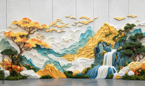 Tranquil Mountain Landscape:  A serene and intricate 3D wall mural depicting a breathtaking mountain vista, complete with cascading waterfalls, lush greenery, and a tranquil sky.