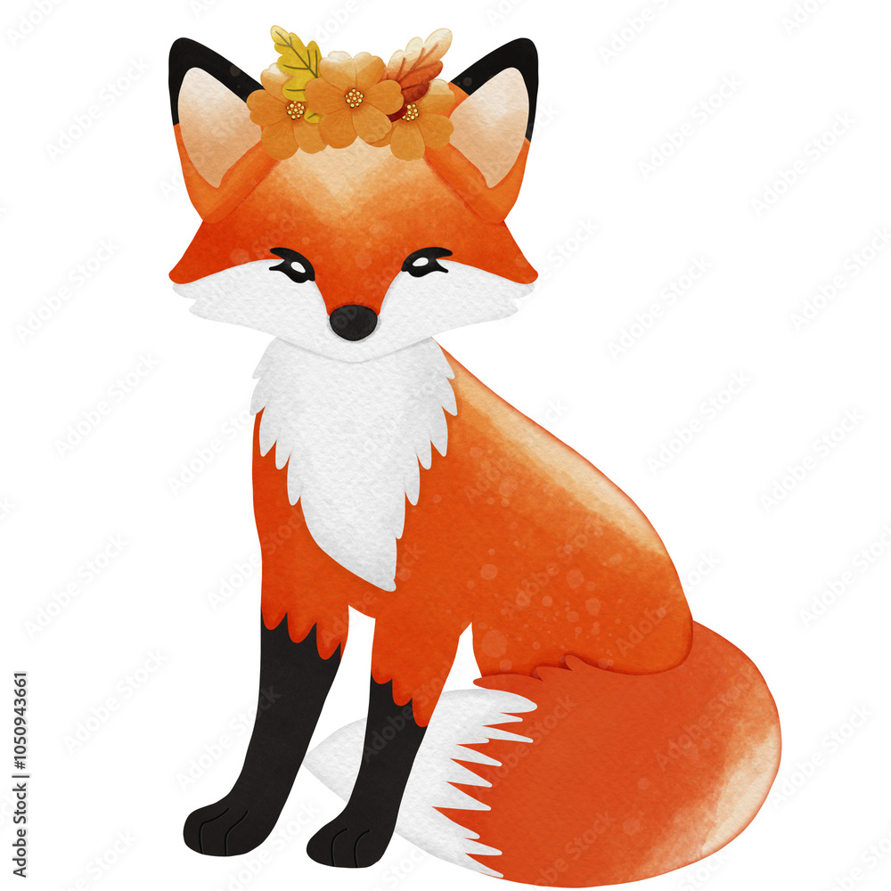 Obraz premium A cute orange fox sitting wearing a flower crown, Autumn Watercolor Illustration,Cute Animal Watercolor 