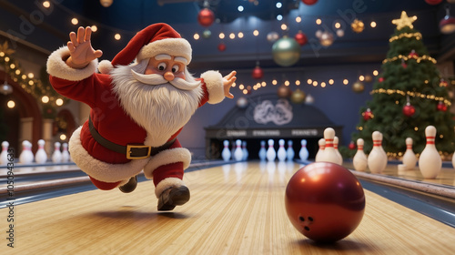 A santa claus is bowling in a bowling alley photo