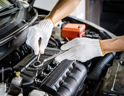 Mechanic hands are seen checking machine components with high precision, photo