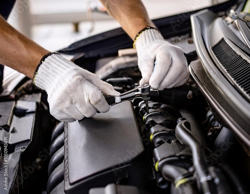 Mechanic hands are seen checking machine components with high precision, photo