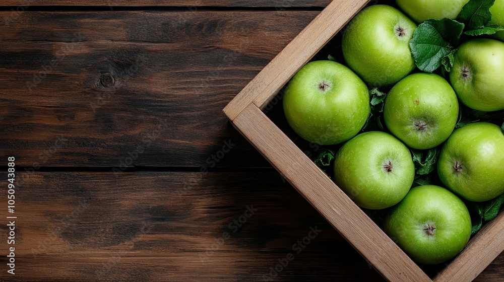 Fresh green apples nestled in a wooden crate against a rustic background, showcasing the simplicity and vibrancy of natural produce. Fresh green apples nestled in a wooden crate against a rustic background, showcasing the simplicity and vibrancy of natural produce.