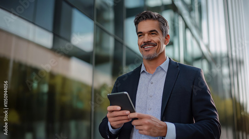 Banner with copy space mature hispanic senior business man using smartphone cellphone at office building. Focused serious latin middle age entrepreneur businessman holding mobile cell phone for work photo