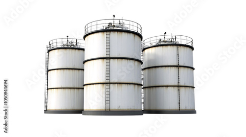 Three large industrial storage tanks with ladders and railings against isolated on transparant background. Generative ai