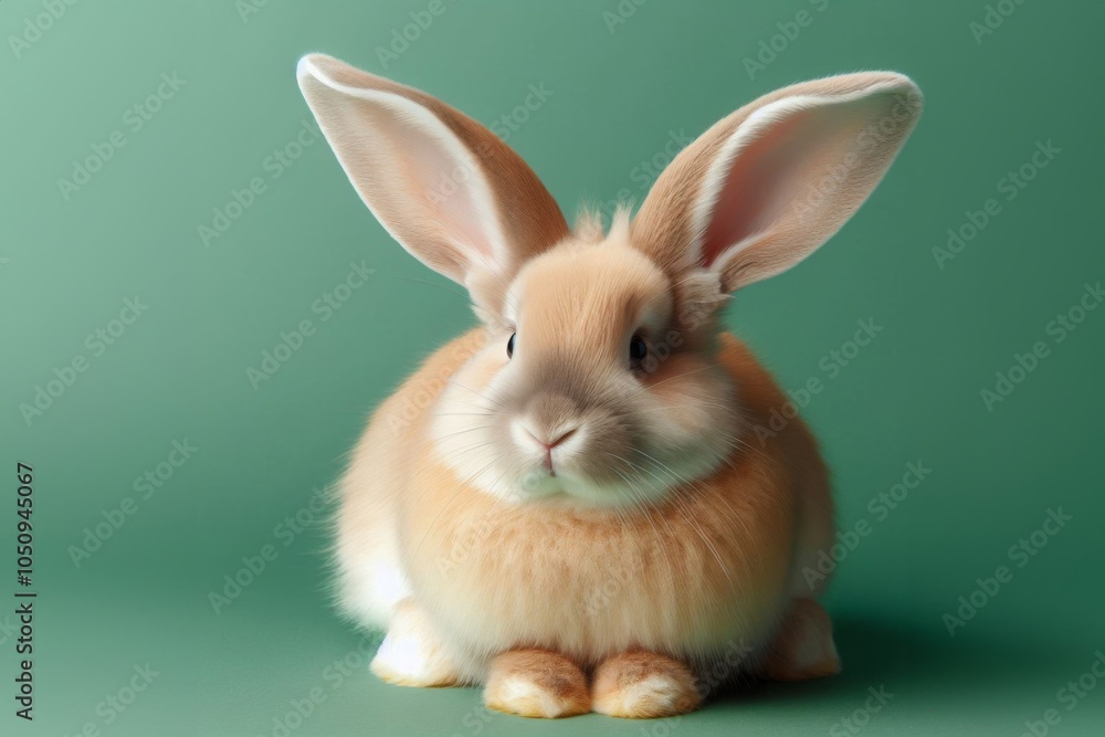 Obraz premium Ein niedlicher Hase / Osterhase mit weichem, beigem Fell sitzt vor einem grünen Hintergrund, der Frühlingsgefühle weckt. Perfekt für die Osterzeit als Grußkarte. Generative KI.