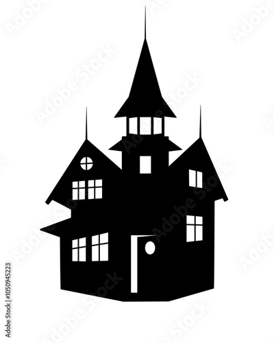 Mansion with tower - black vector silhouette. Big house Halloween illustration - silhouette. A haunted house is an element for a festive decor.	 photo