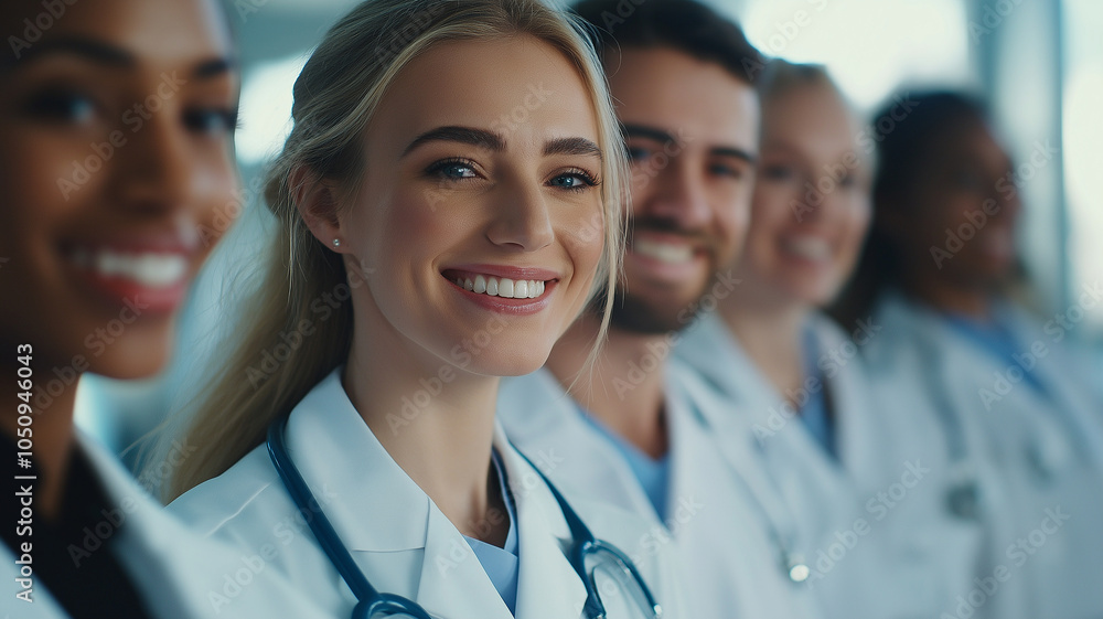 A group of smiling doctors stand together A group of smiling doctors stand together