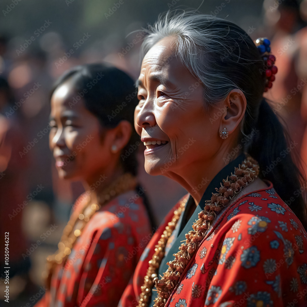 An elderly woman with a serene smile stands alongside others at a cultural gathering. She wears traditional clothing and jewelry, exuding warmth and wisdom. An elderly woman with a serene smile stands alongside others at a cultural gathering. She wears traditional clothing and jewelry, exuding warmth and wisdom.