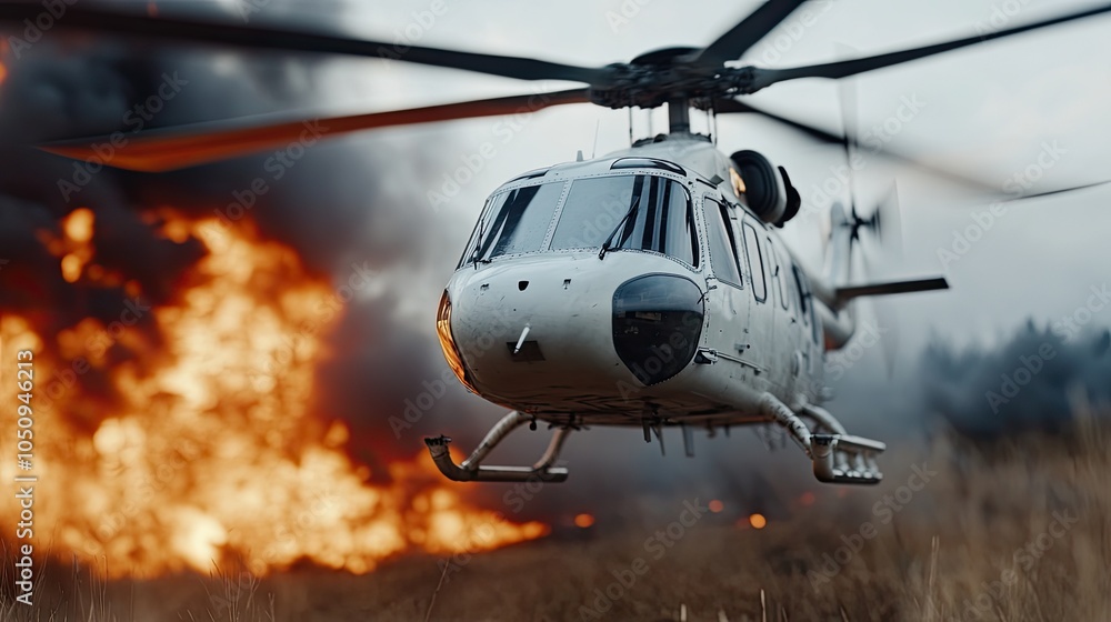 A helicopter in distress plummets with flames trailing, capturing a dramatic scene of chaos and urgency in a war-torn setting. A helicopter in distress plummets with flames trailing, capturing a dramatic scene of chaos and urgency in a war-torn setting.