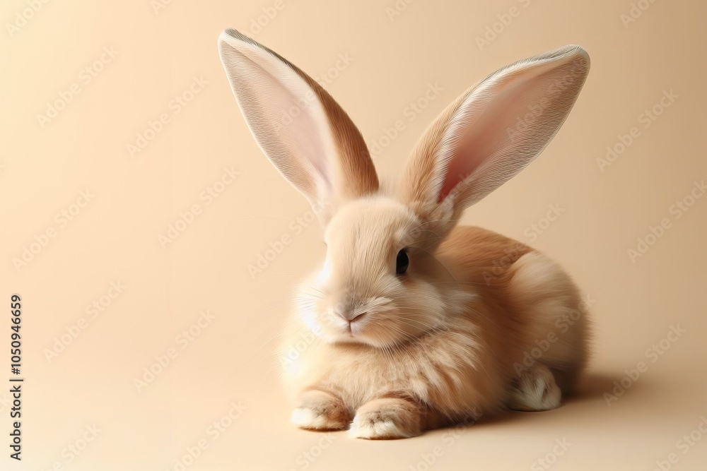 Fototapeta premium Ein niedlicher, flauschiger Hase / Kaninchen sitzt entspannt auf einem neutralen Hintergrund. Die Darstellung ist sanft und detailreich, ideal für Frühlings- oder Osterdekorationen. Generative KI.