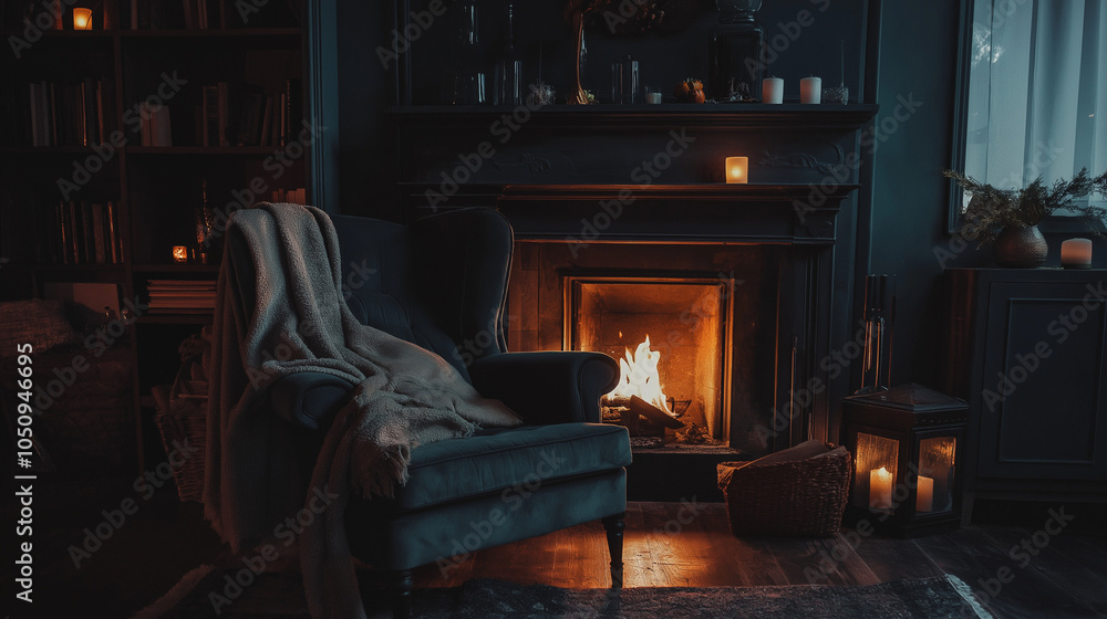Warm Autumn Ambiance: Cozy Armchair by the Fireplace with Seasonal Decor in Neo-Noir Cyberpunk Style, Capturing Tranquil and Modern Comfort Warm Autumn Ambiance: Cozy Armchair by the Fireplace with Seasonal Decor in Neo-Noir Cyberpunk Style, Capturing Tranquil and Modern Comfort