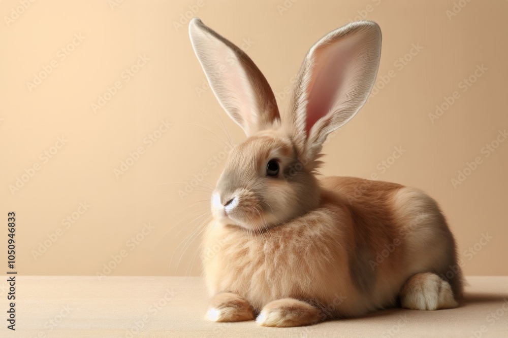 Fototapeta premium Ein niedlicher, flauschiger Hase / Kaninchen sitzt entspannt auf einem neutralen Hintergrund. Die Darstellung ist sanft und detailreich, ideal für Frühlings- oder Osterdekorationen. Generative KI.