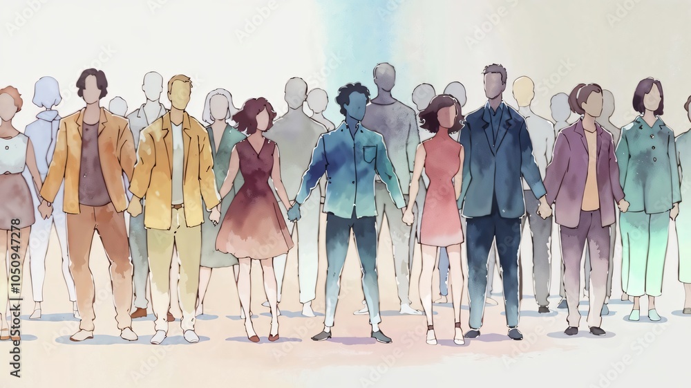 Fototapeta premium DEI, Diversity equity and inclusion concept. People figures in the anime style. Team work, diverse culture. Copy space and selective focus. High quality photo