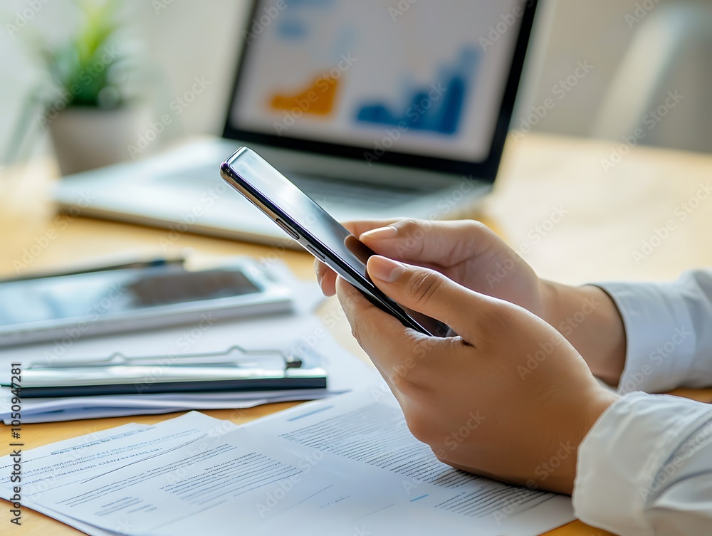 Close-up of hands holding a smartphone on a desk with documents and a laptop. Close-up of hands holding a smartphone on a desk with documents and a laptop.