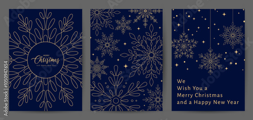 Merry Christmas and Happy New Year set of greeting card, poster, cover. Winter illustration with gold snowflakes in blue color. Modern universal templates. Corporate Holiday cards, invitations
