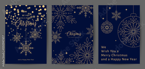 Merry Christmas and Happy New Year set of greeting card, poster, cover. Winter illustration with gold snowflakes in blue color. Modern universal templates. Corporate Holiday cards, invitations