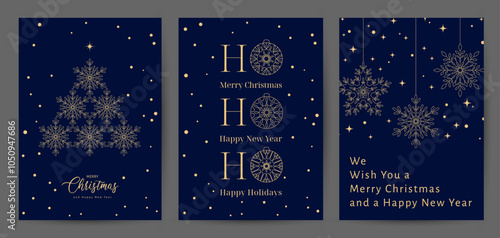 Merry Christmas and Happy New Year set of greeting card, poster, cover. Winter illustration with gold snowflakes in blue color. Modern universal templates. Corporate Holiday cards, invitations