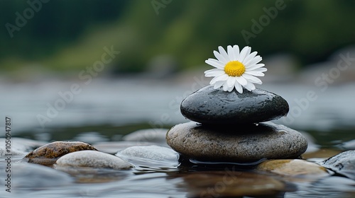 A white daisy perches atop smooth, wet stones by a tranquil stream, radiating simplicity and serenity amidst a blurred natural backdrop.