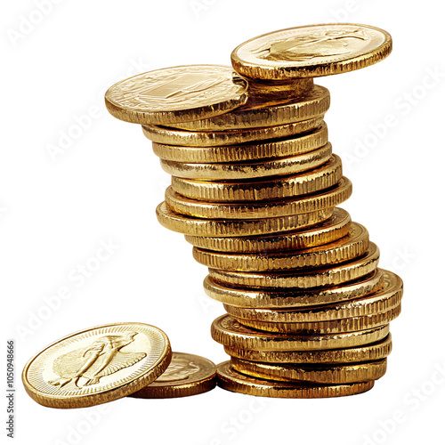 A stack of gold coins, with one falling off isolated on transparant background. Generative ai