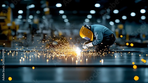 Skilled welder intently focused on metalwork task in the industrial setting of a shipbuilding workshop surrounded by a glowing bokeh effect on a dark backdrop that highlights the captivating scene