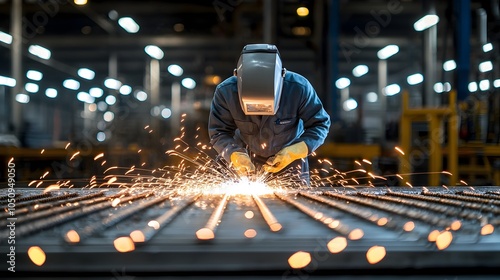 Skilled Welder Surrounded by Warm Sparks Focused on Intricate Metalwork Amid a Black Background Emphasizing the Precision and Craft of Shipbuilding photo