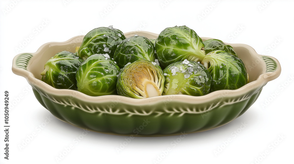 Caramelized Roasted Brussels Sprouts in a Ceramic Dish with Sea Salt Garnish - High Detail Photorealistic Food Photography for Healthy Eating and Cooking Themes Caramelized Roasted Brussels Sprouts in a Ceramic Dish with Sea Salt Garnish - High Detail Photorealistic Food Photography for Healthy Eating and Cooking Themes