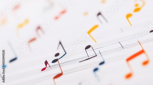 An evocative visual of a diverse collection of musical notes forming a harmonious melody on a clean, white score sheet photo